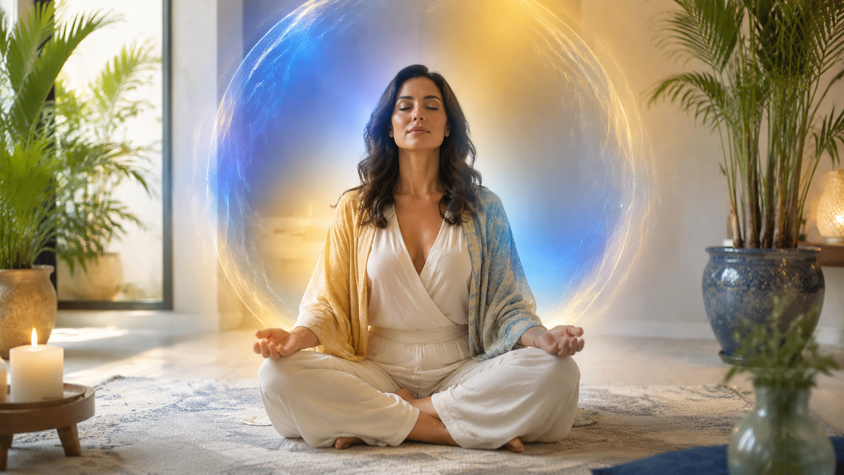 Meditating woman surrounded by a subtle circle of blue and golden light in a peaceful room