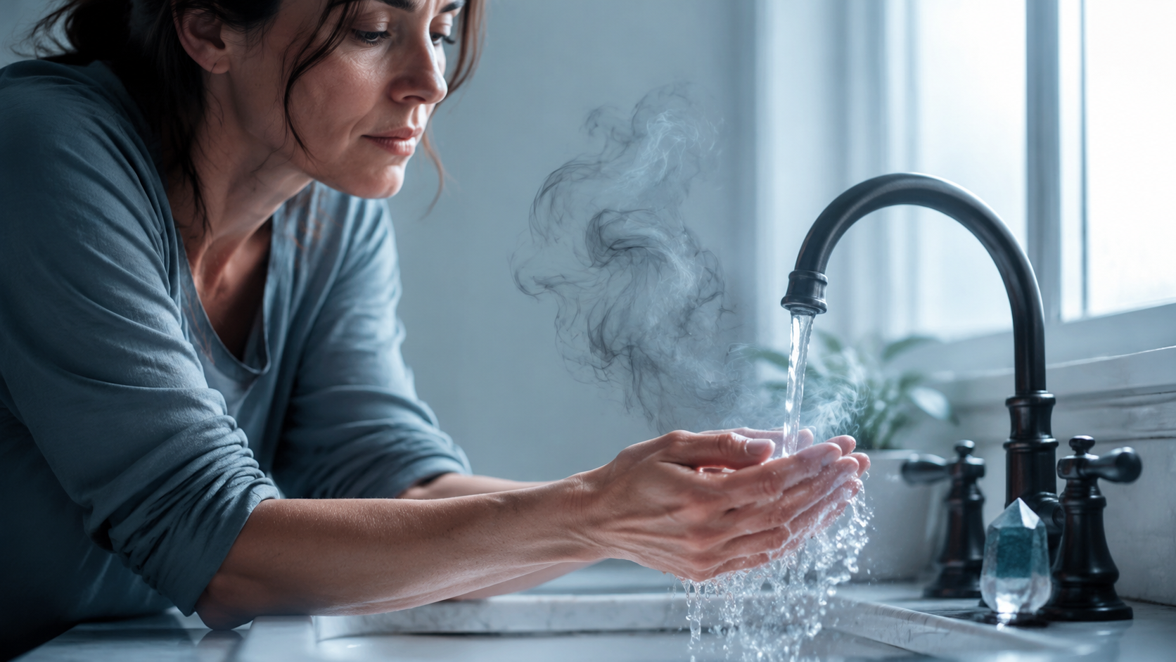 A Water-Grounding Ritual for Emotionally Heavy Days Woman grounding under clear running water while gray emotional energy dissolves into the flow