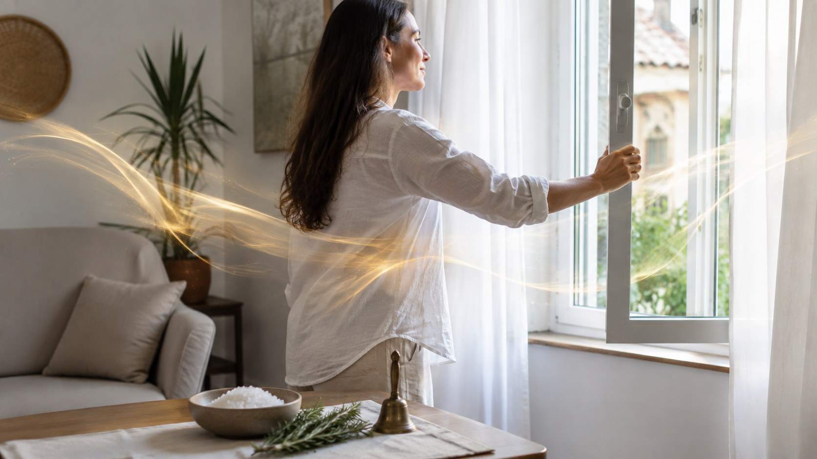 Woman cleansing a bright apartment with an open window, bowl of salt, bell and fresh rosemary