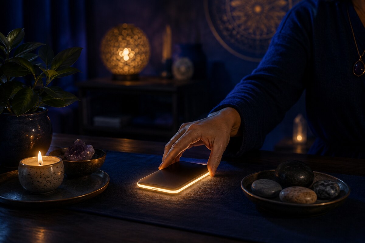 A glowing phone placed face-down beside a candle and grounding stones