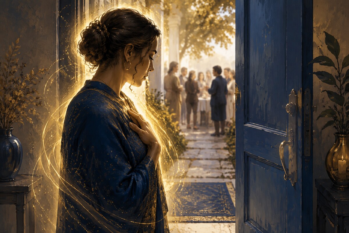 A woman pausing at a doorway surrounded by soft golden protective light