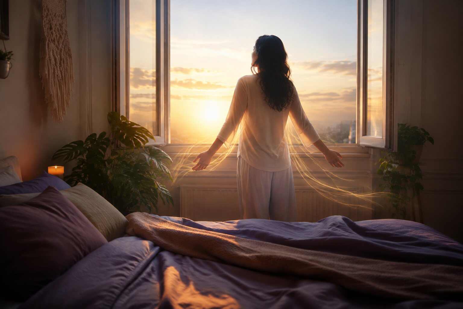 A Sunday Energy Reset That Does Not Require a Perfect Routine A person opening a window to morning light during a peaceful Sunday reset