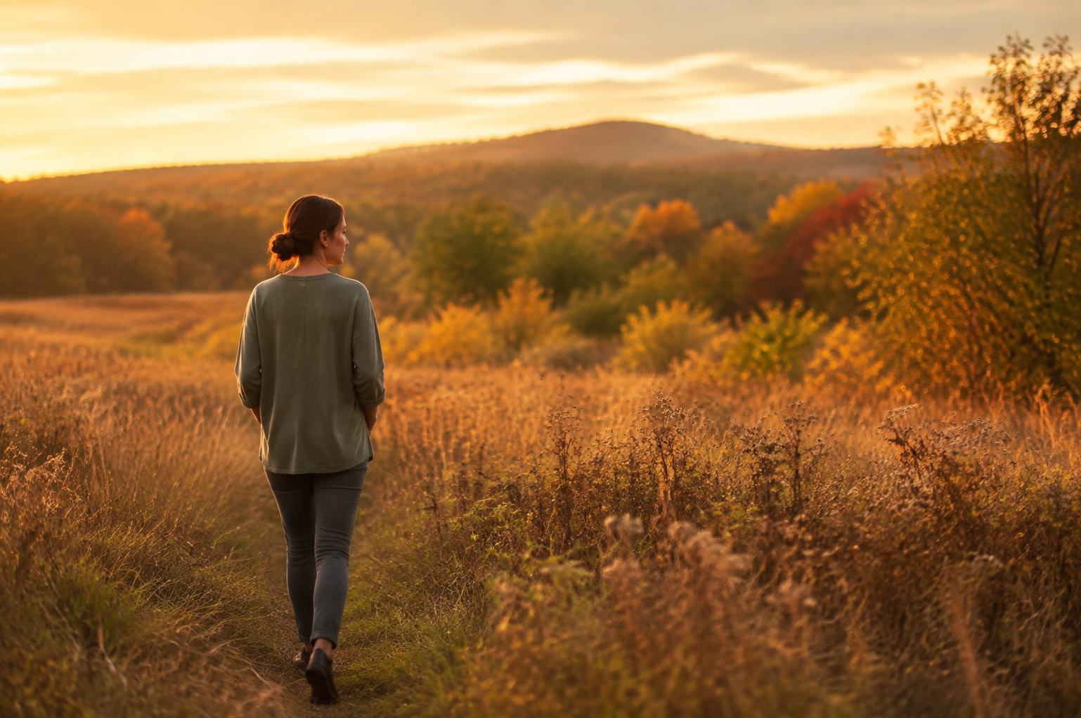 Woman walking through a landscape changing from summer to autumn