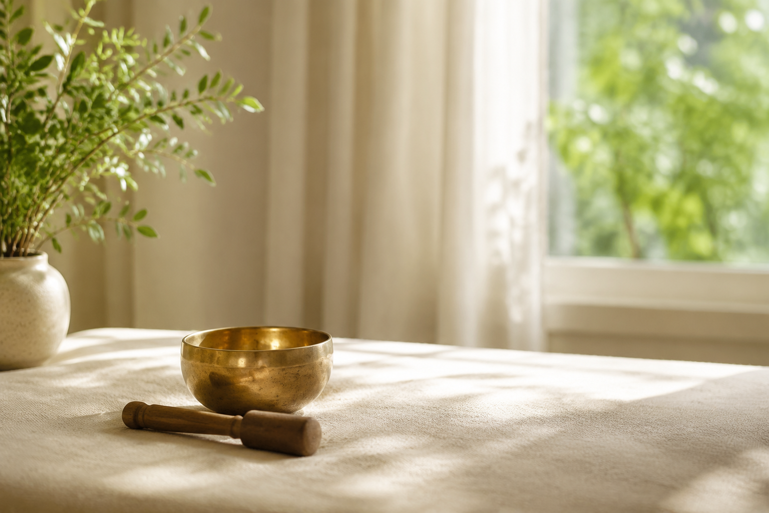 Singing bowl and wooden striker in a bright peaceful room