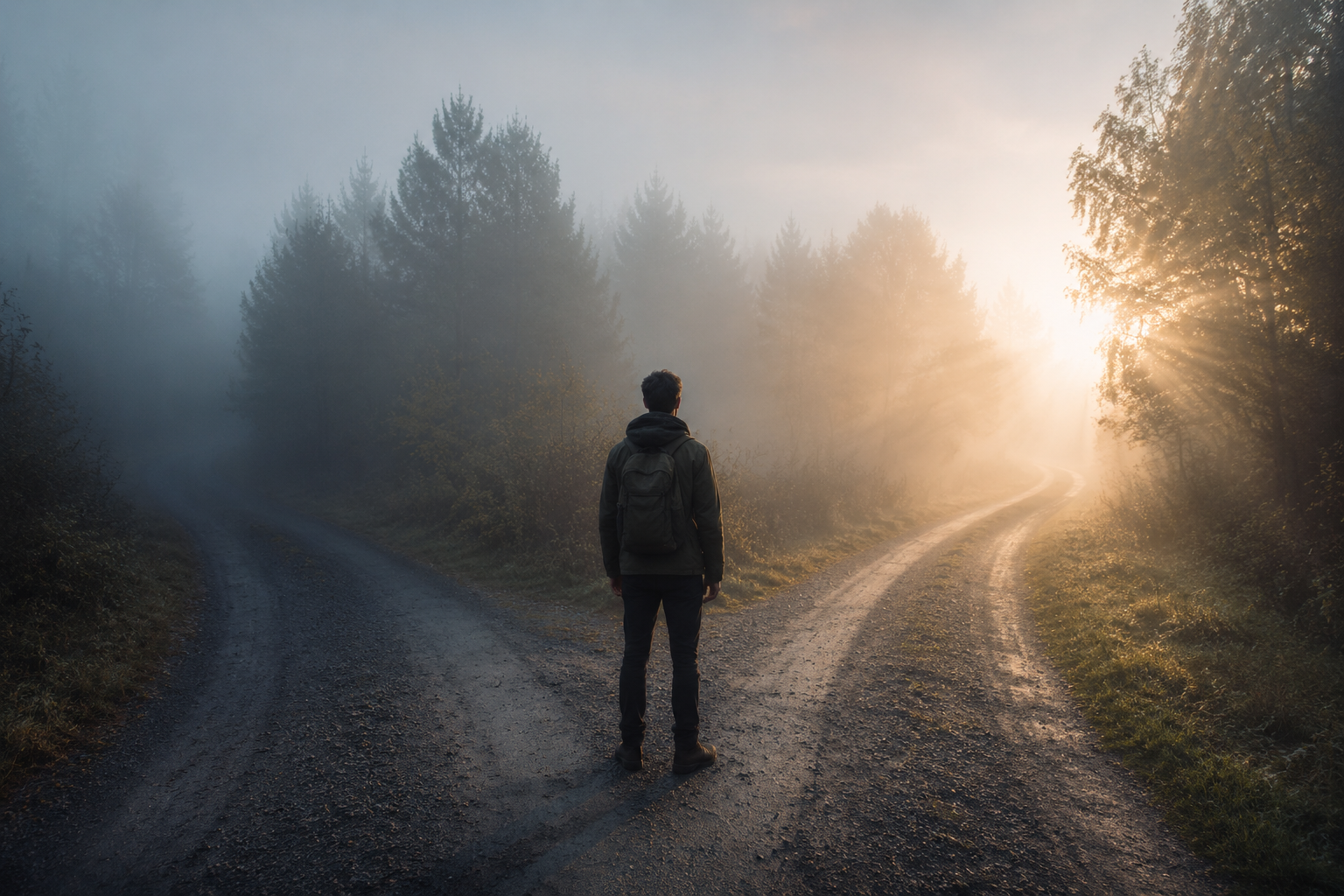 The Spiritual Meaning of Wanting a Fresh Start Person standing at a bright crossroads at dawn
