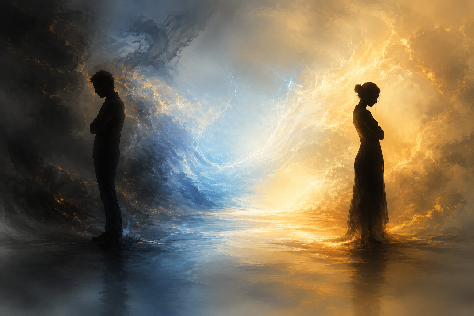 How to Reset Your Energy After an Argument Without Avoiding the Issue Two silhouettes separated by blue and gold energy after conflict