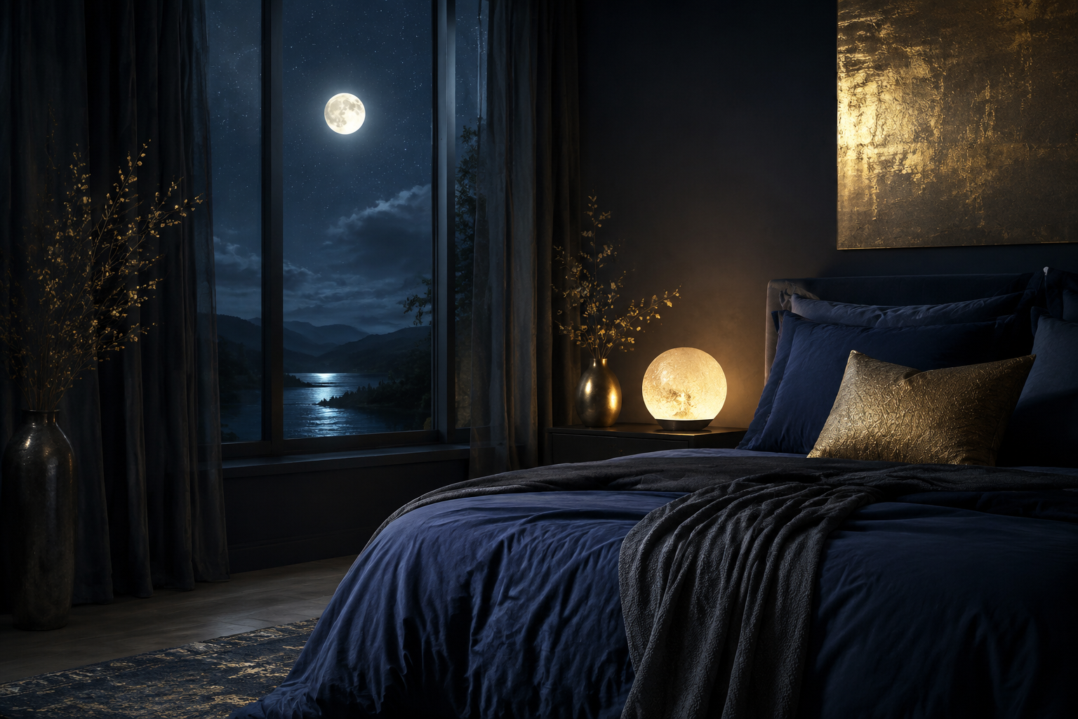 Moonlit bedroom representing waking during the night