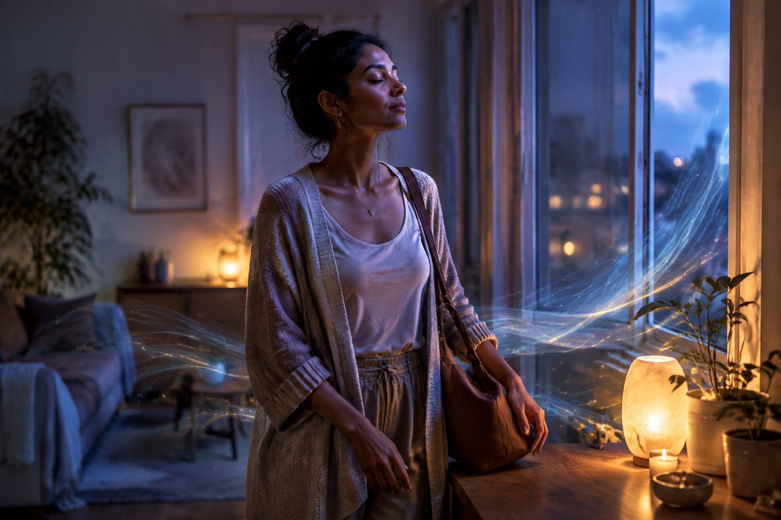 Woman arriving home after a crowded evening and relaxing beside an open window