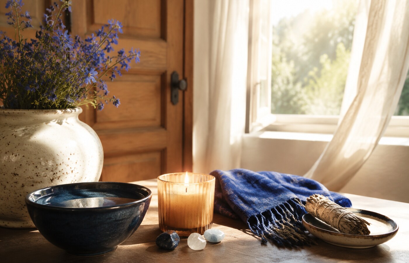 A candle, bowl of water and blue cloth beside an open window in warm morning light