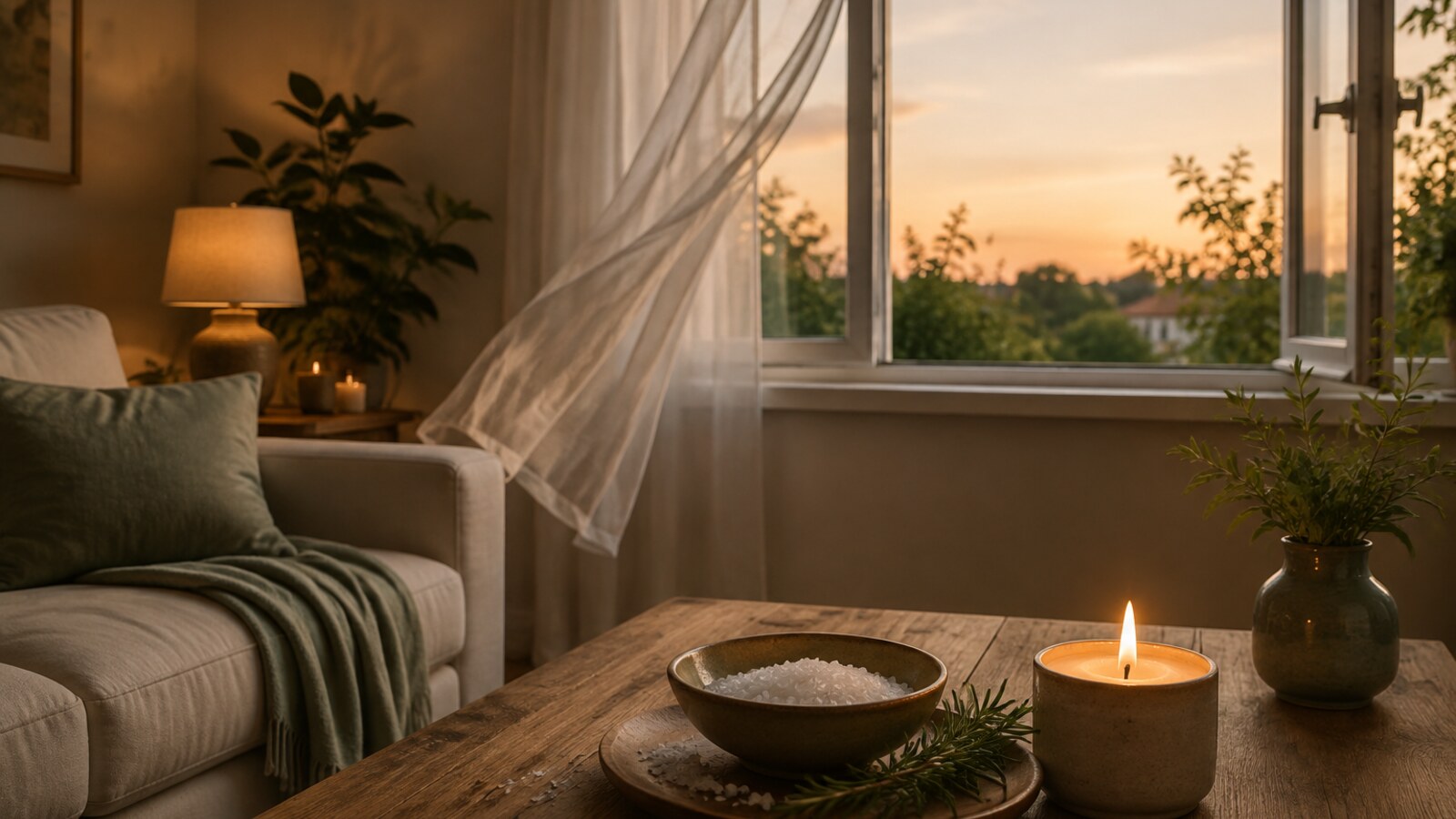 An open window, candle, rosemary and bowl of salt in a peaceful living room at sunset