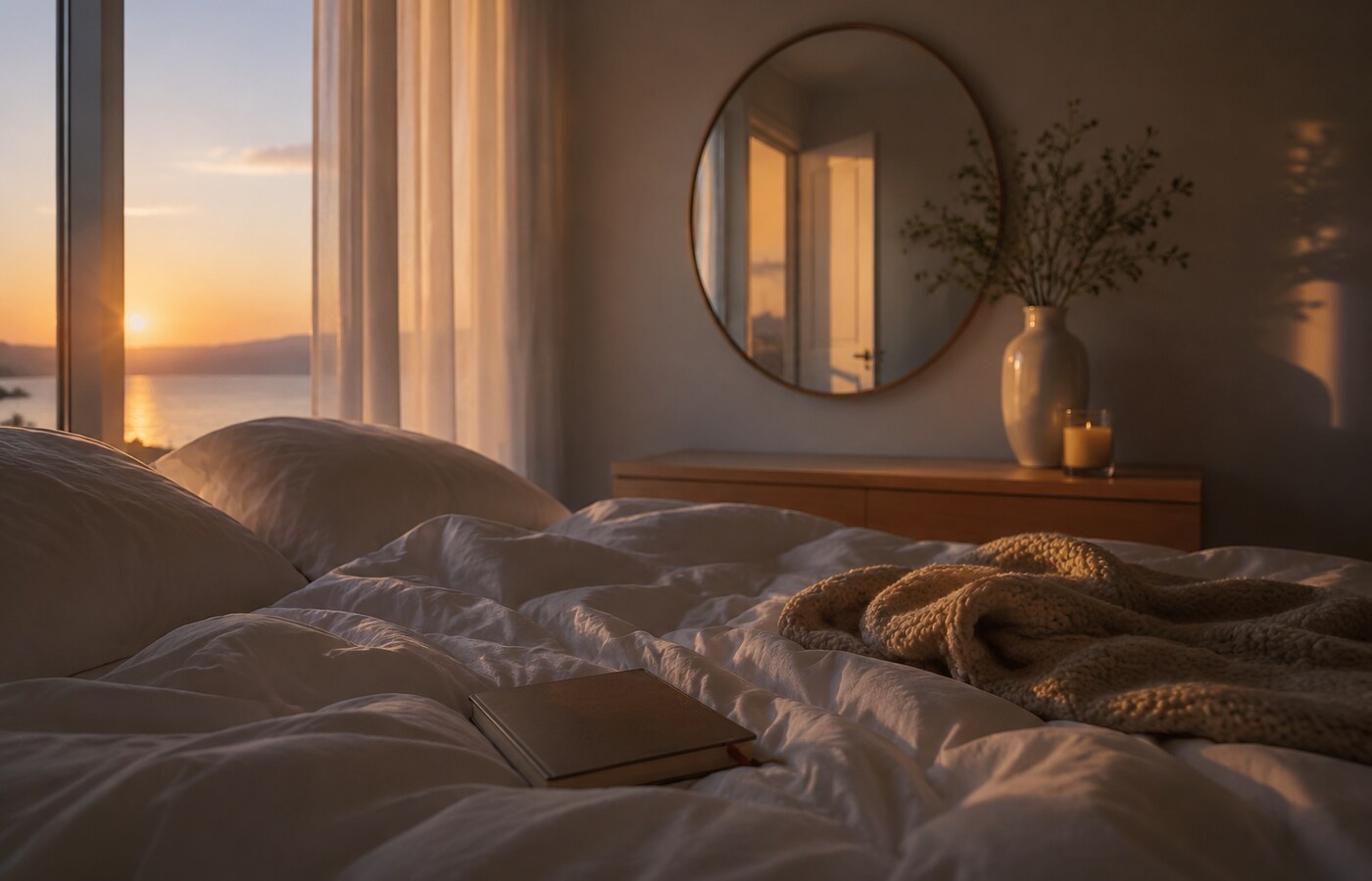 A peaceful bedroom at sunrise with an open doorway reflected in a round mirror