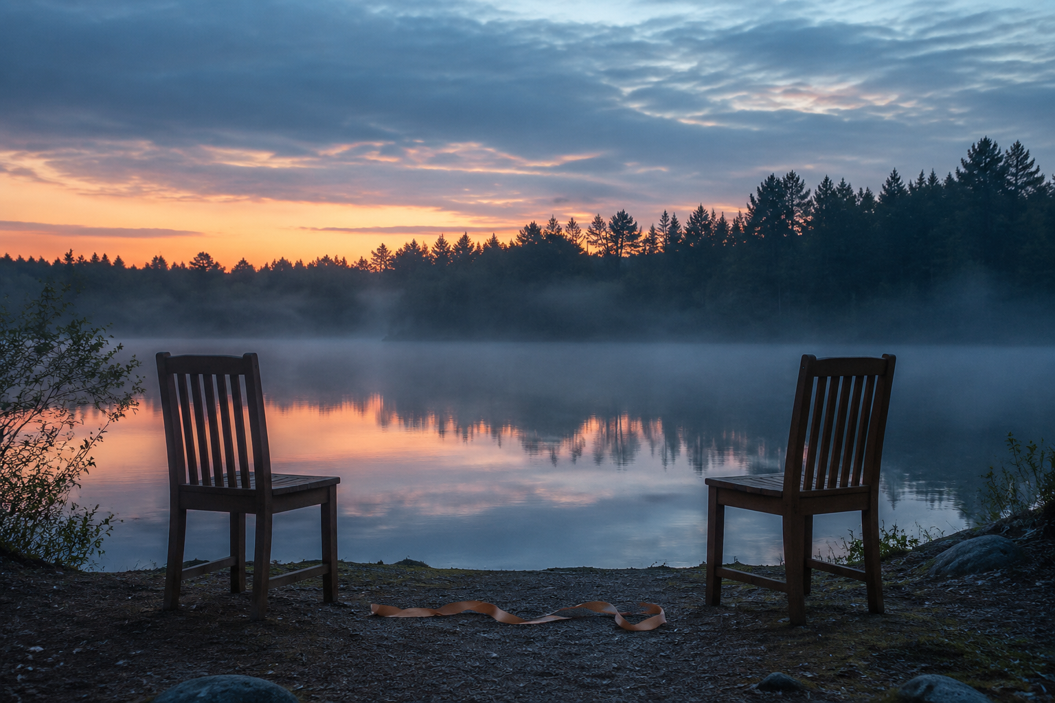 Two empty chairs beside a misty lake with an untied ribbon between them