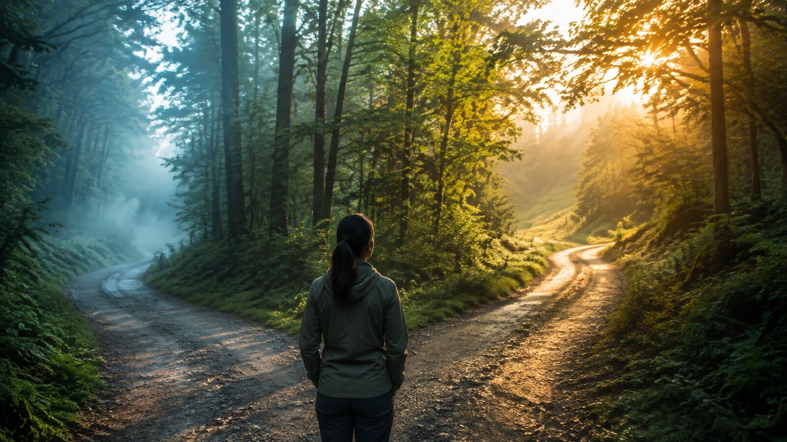 A person standing where a misty forest road divides into two sunlit paths