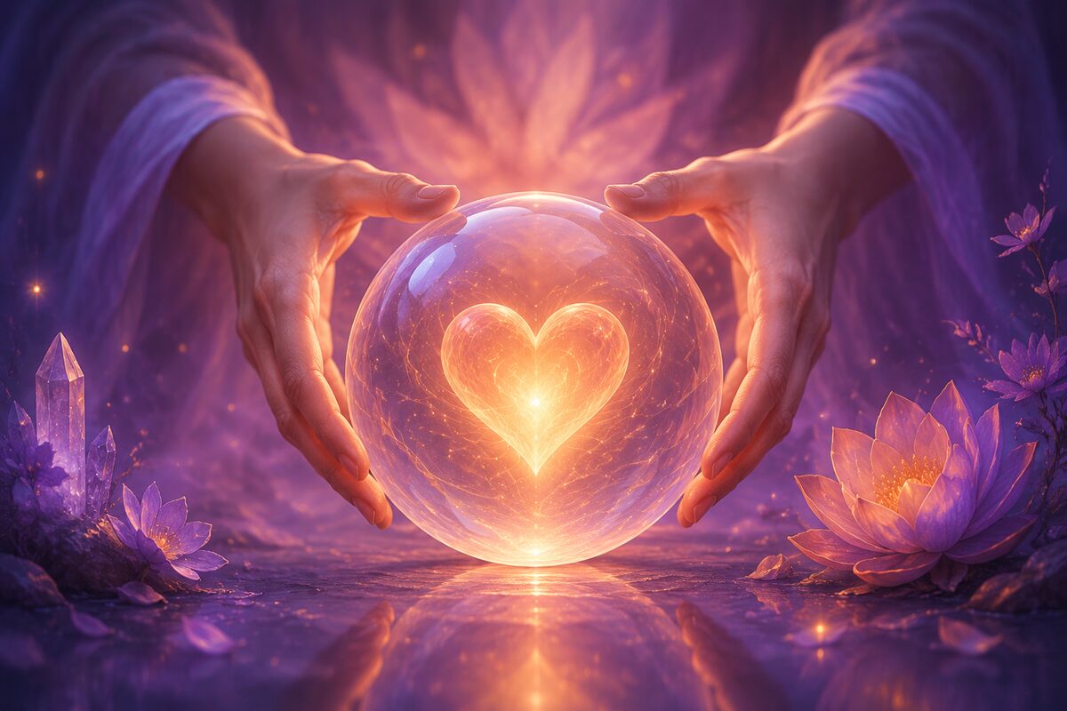 Compassion Protected by Energetic Boundaries Hands surrounding a glowing heart inside a clear protective sphere