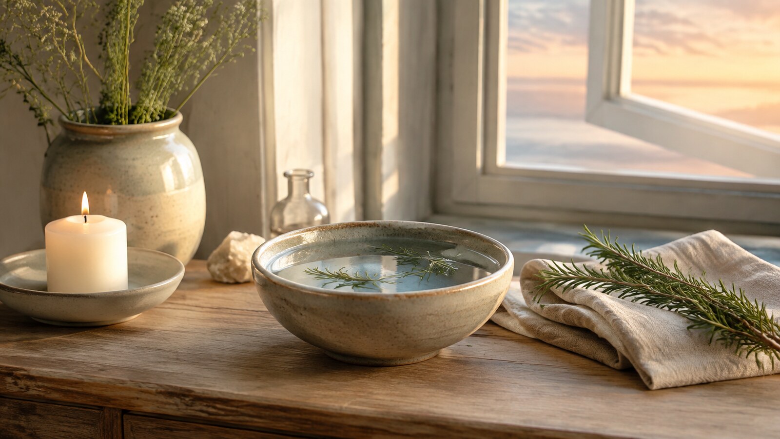 A candle, bowl of water and rosemary arranged beside an open window at sunrise