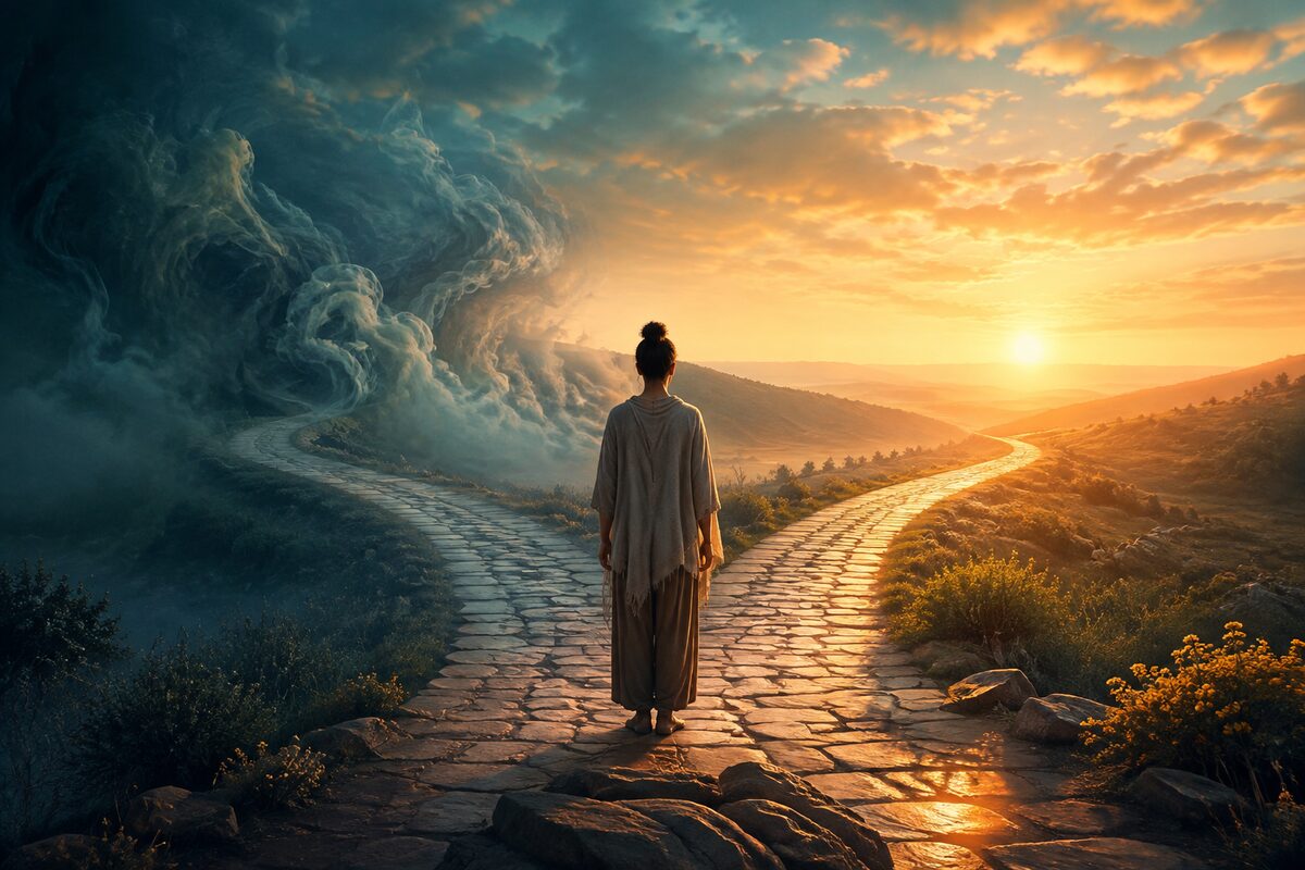 A person choosing between a calm sunlit path and a path surrounded by turbulent mist