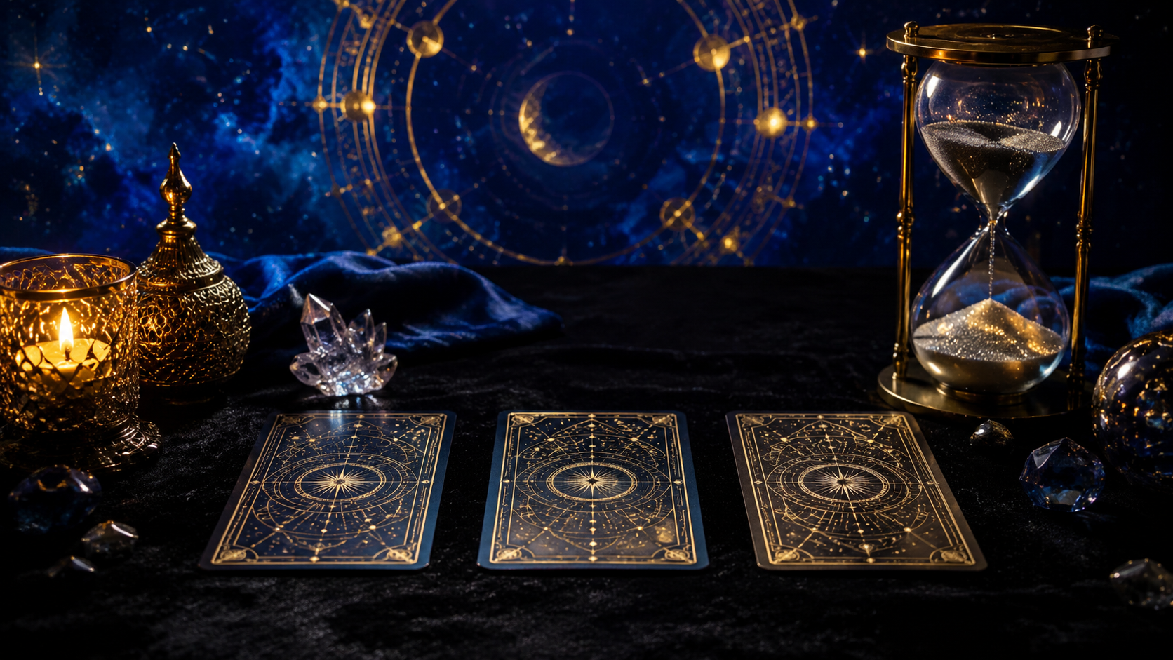 Tarot cards beside a glowing hourglass under a royal-blue and gold celestial sky