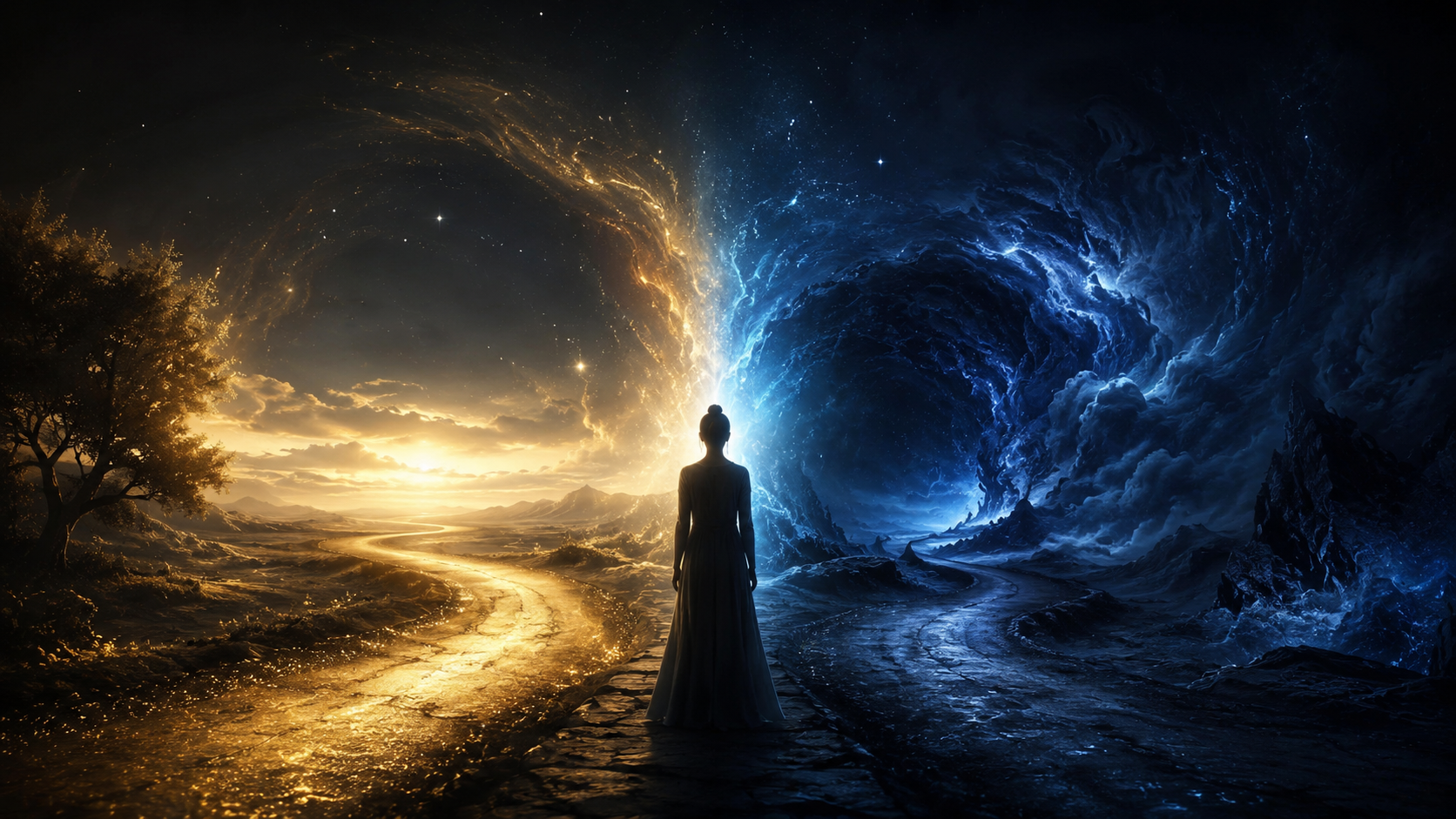 A person standing where a calm golden path and a royal-blue path divide beneath a celestial sky