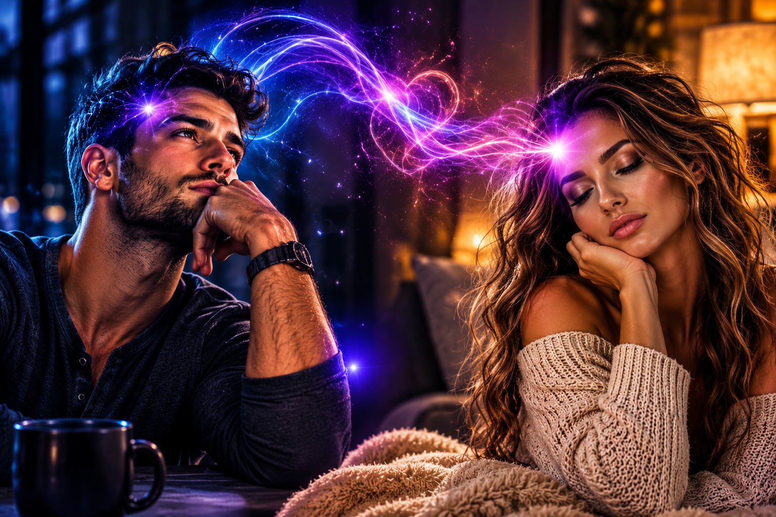 Man and woman experiencing a strong energetic connection while thinking about each other