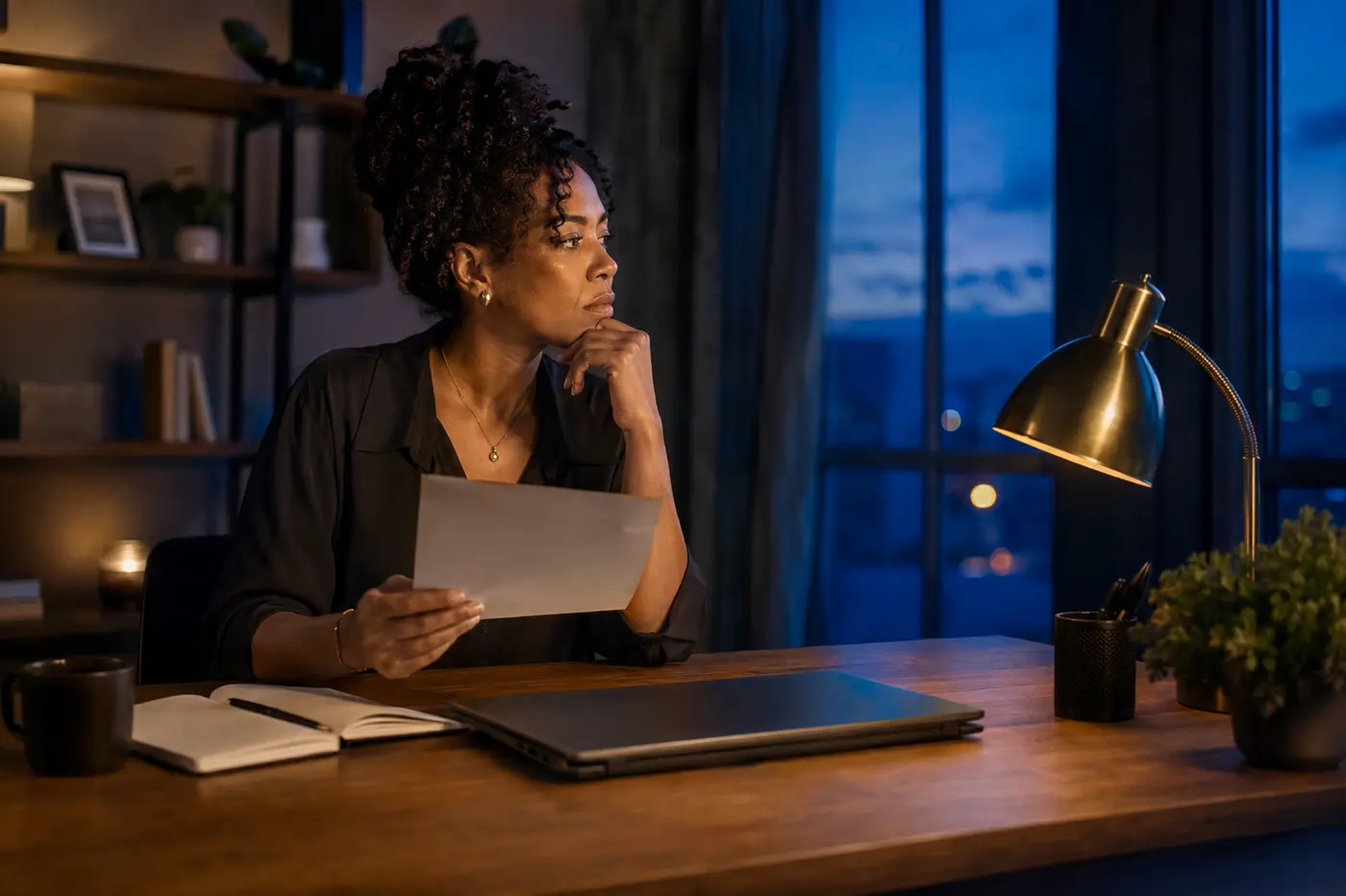 Thoughtful professional woman considering a job offer in a blue and gold home office
