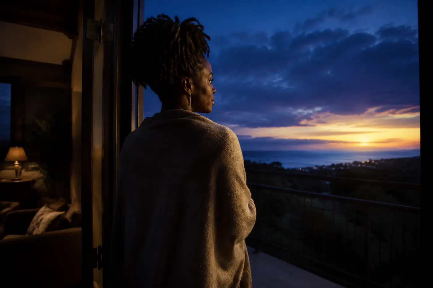 Feeling That Your Life Is About to Change Thoughtful woman looking toward a golden sunrise from a dark blue doorway