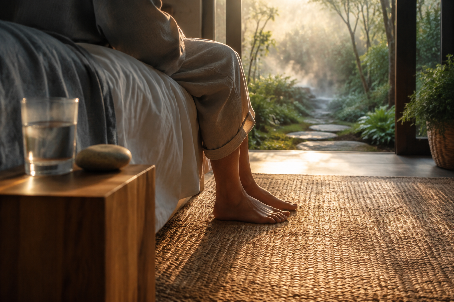 Bare feet on a woven rug beside water and a smooth stone in warm morning light