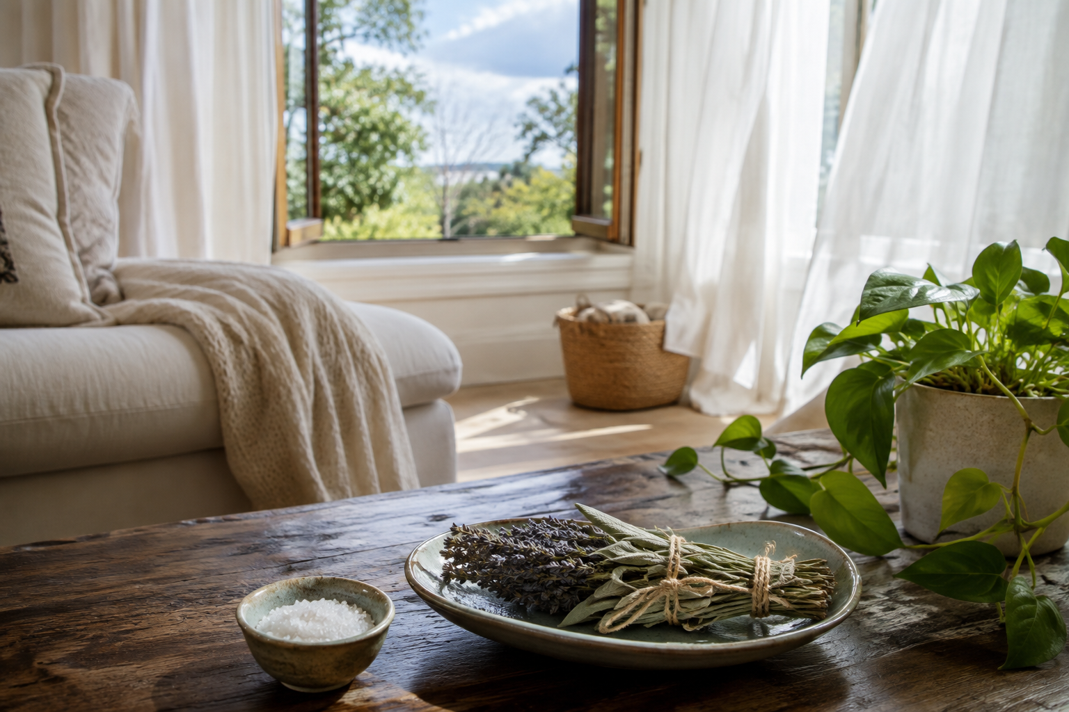 Bright peaceful room with open windows, plants, salt and herbs on a ceramic tray