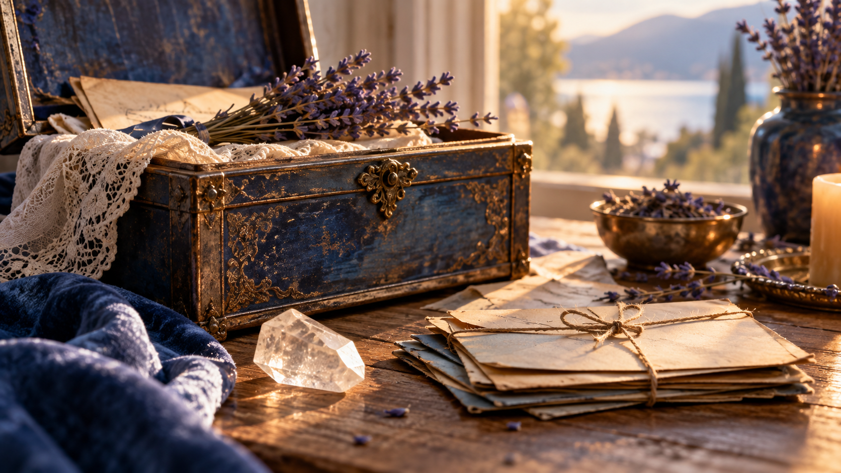 Vintage keepsake box with letters lavender and clear quartz in golden light