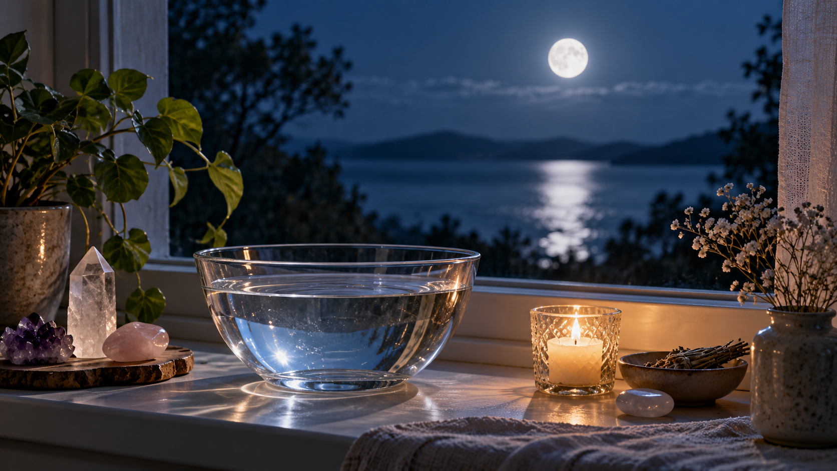 A Grounded Moon-Water Ritual for Emotional Clarity Glass bowl of water with crystals and candlelight beneath a full moon