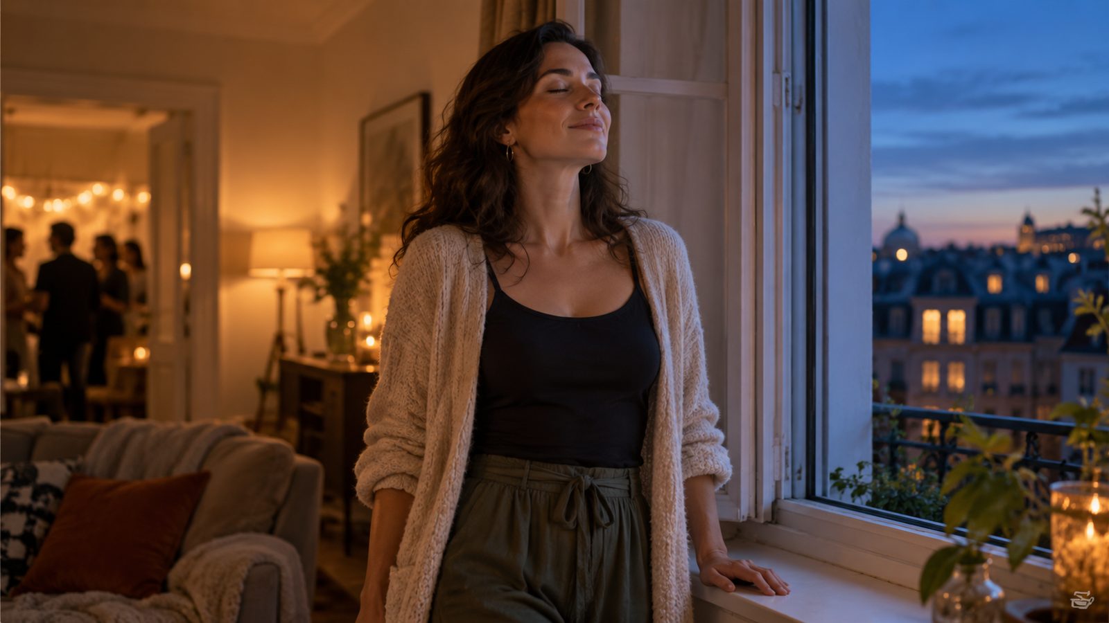 A calm woman decompressing near a softly lit doorway after a social gathering