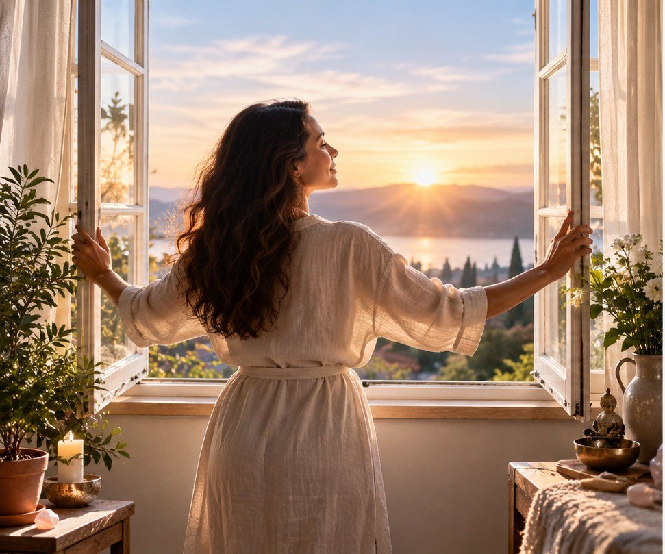 A woman opening a window at dawn to refresh the atmosphere of her home