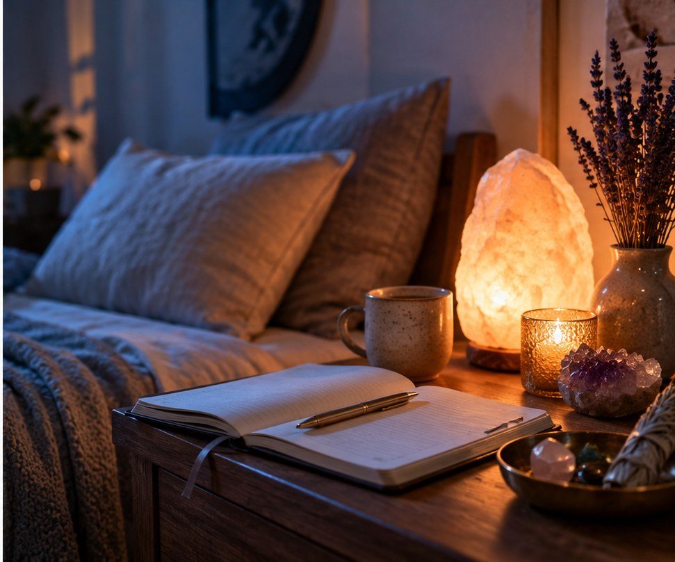 A bedside journal and crystal in warm evening light for a calming spiritual check-in