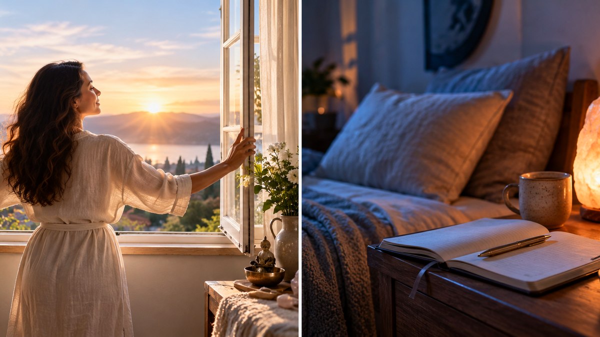 A woman opening curtains as soft sunrise light fills a peaceful room