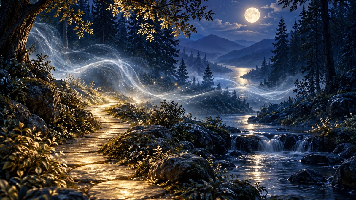 Royal blue forest path with white energy mist and pale gold moonlight